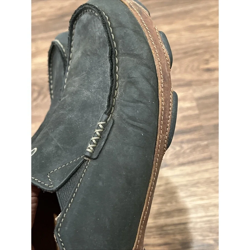 OluKai Moloa Shoes MEN US 9.5/ EU 42.5 Black Leather Slip On Loafers Comfort
